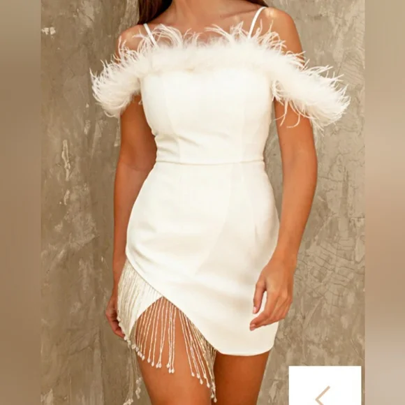 Dresses | White Short Feather Dress With Side Fringe Detail